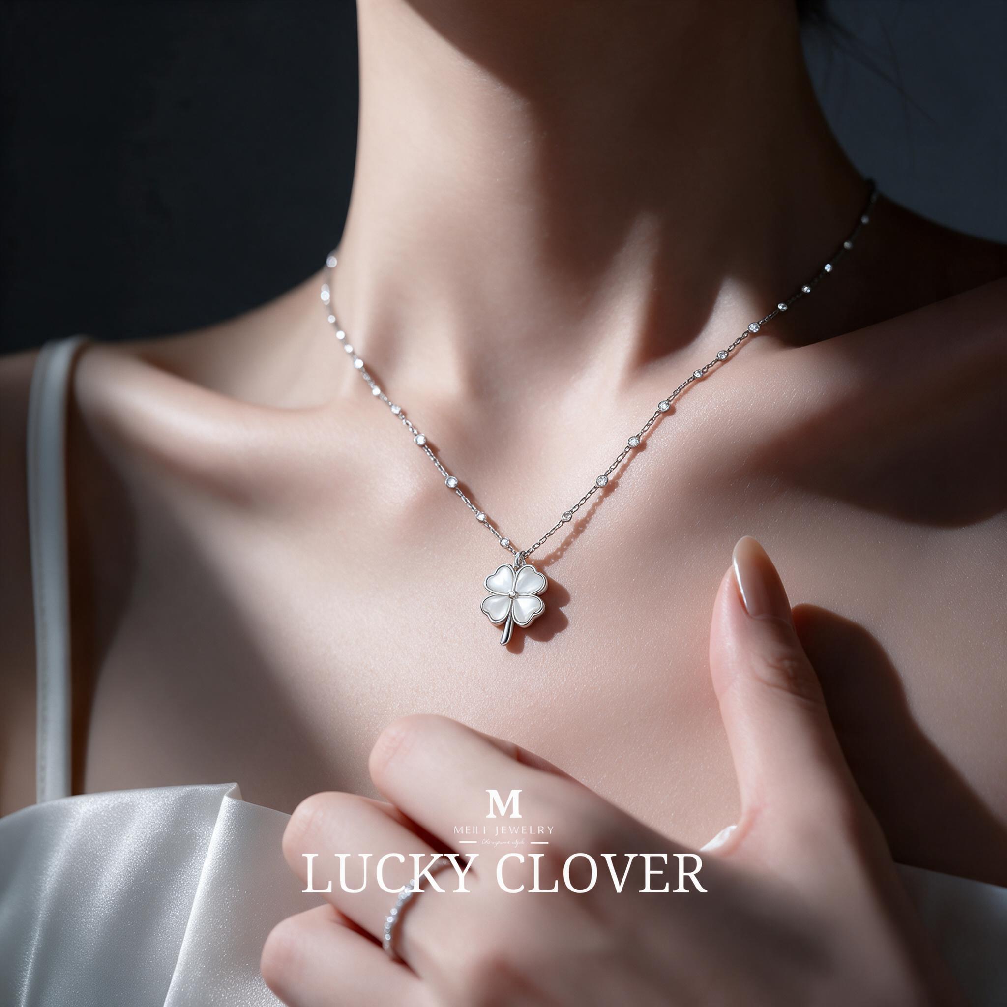 MEET💕สร้อยเงินแท้ Lucky Clover สร้อยคอสั้น สร้อยคอเงิน สร้อ - รายละเอียด